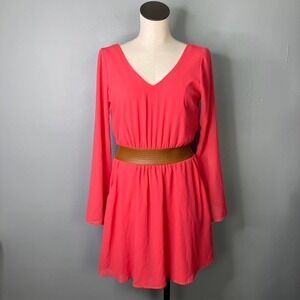 Charlotte Russe Coral Chiffon Bell Sleeve Vegan Leather Wait V-Neck Dress Size M